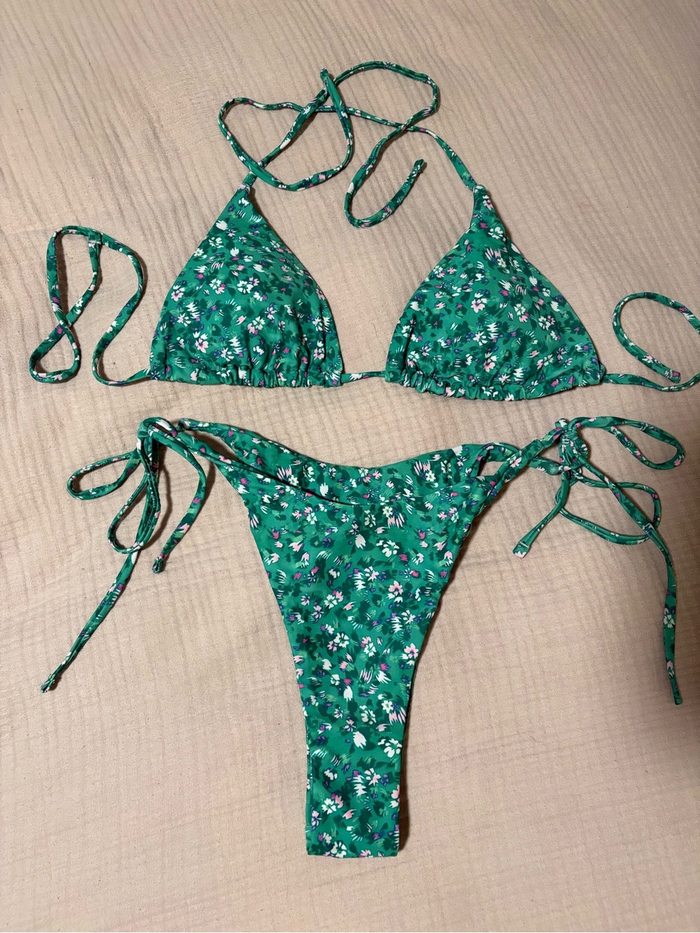 Green Floral Tie-Side Triangle Bikini Set